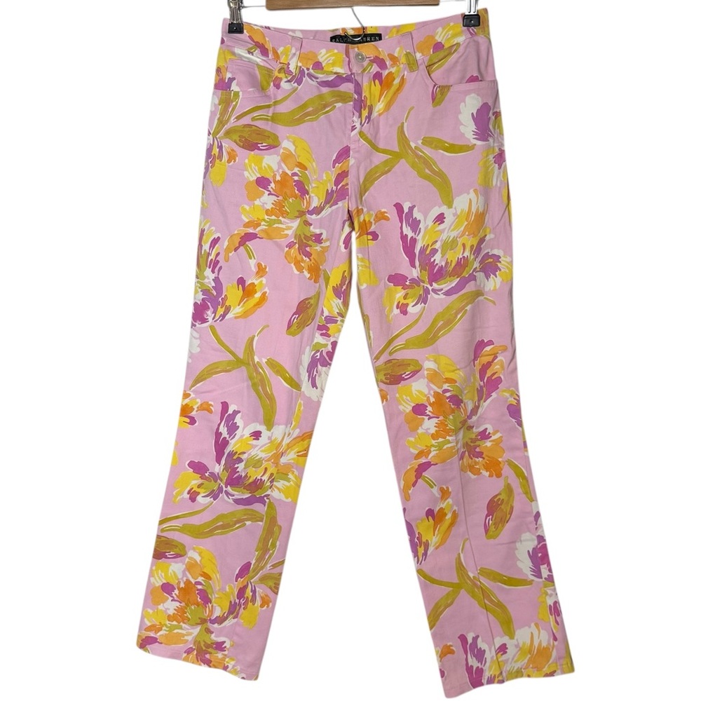 Ralph Lauren Tropical Floral Pink Green Yellow Straight Leg Pant Size 4 Vacation